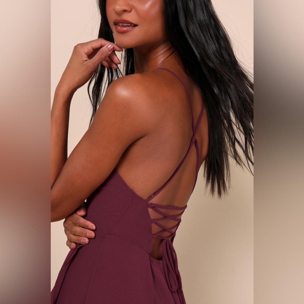 Lulus burgundy chiffon lace up back ruffle tiered maxi dress nwot - Picture 4 of 5